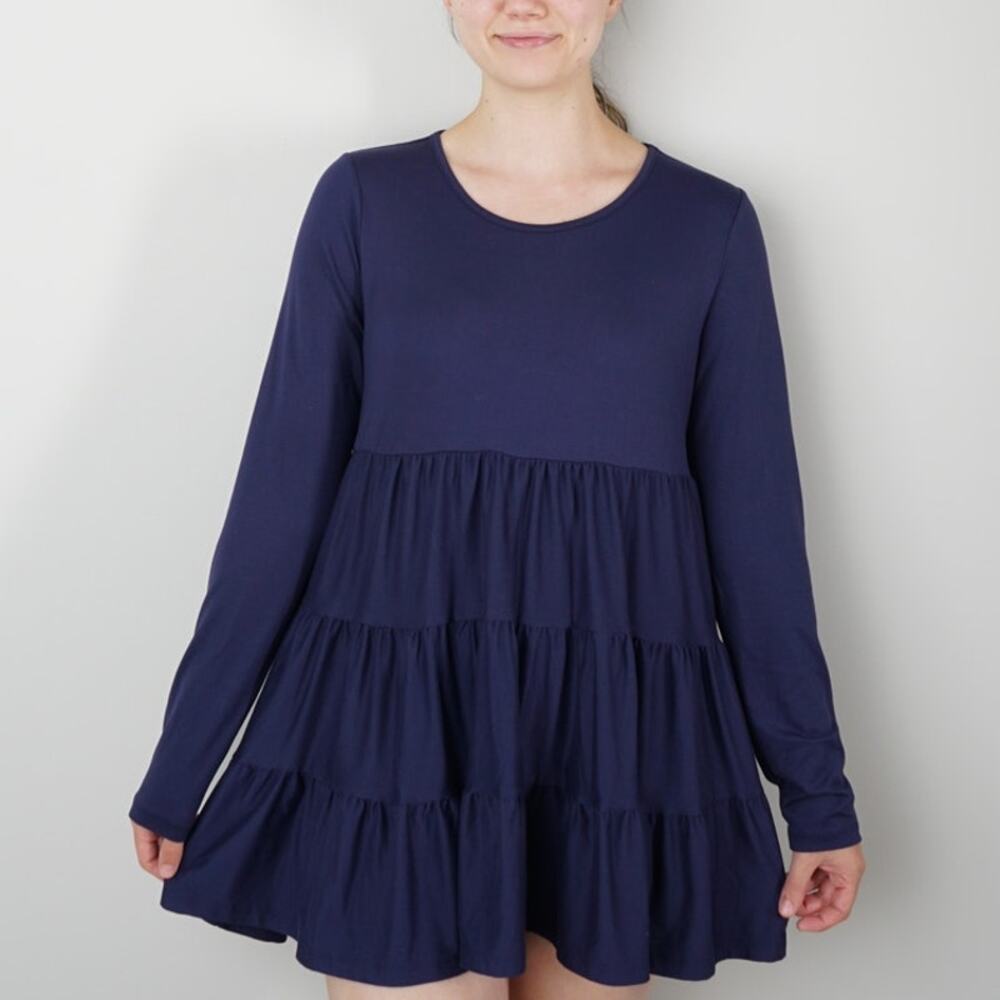 You & Me Navy Tiered Mini Dress Long Sleeve Round Neck Stretch Solid Preppy EUC